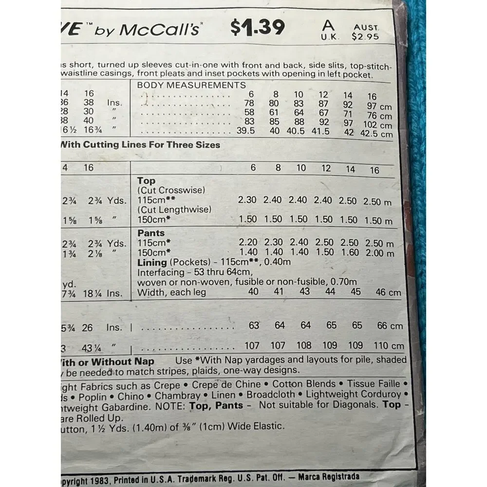 McCalls 8543 Sewing pattern knit top half sleeve pant pleat front size 12 14 16